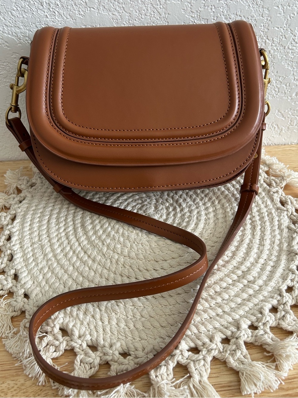 Zara Quiet Luxury Equestrian Structured Faux Leather Cognac Brown Crossbody Bag